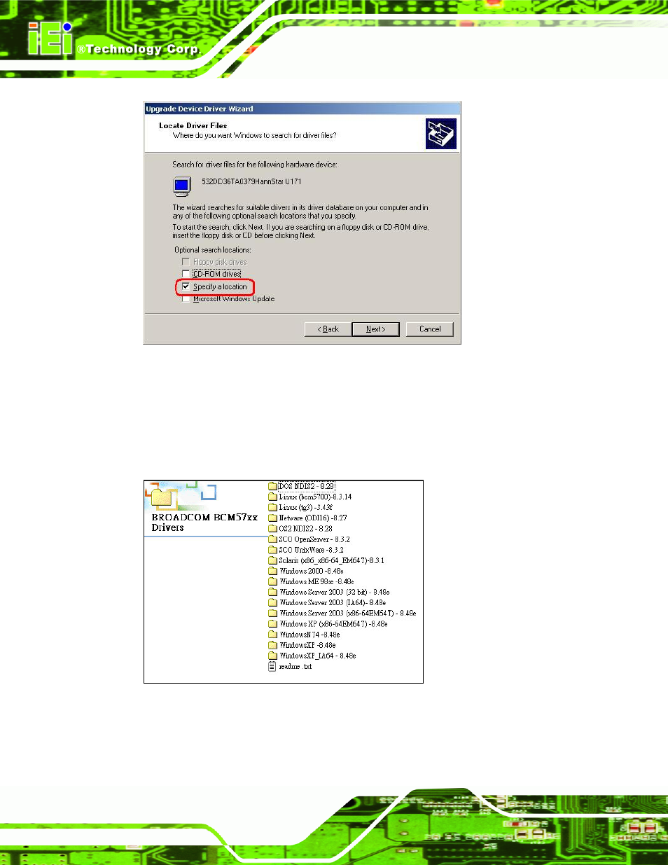 Figure 7-20: locate driver files, Figure 7-21: location browsing window | IEI Integration KINO-9453 v2.00 User Manual | Page 180 / 229