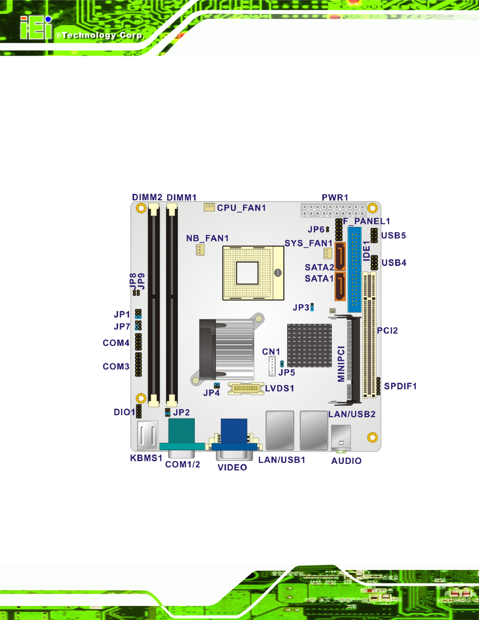 1 peripheral interface connectors, 1 kino-9453 layout, Eripheral | Nterface, Onnectors, Figure 4-1: connector and jumper locations | IEI Integration KINO-9453 v2.00 User Manual | Page 48 / 229