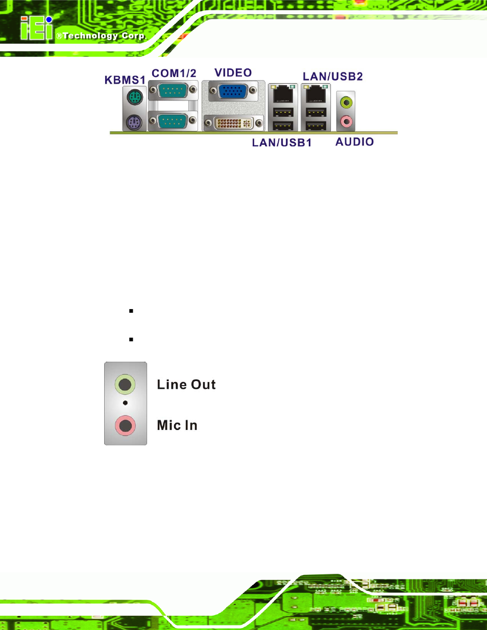 1 audio connectors, 2 crt connector, Figure 4-16: audio connectors | IEI Integration KINO-9453 v2.00 User Manual | Page 66 / 229