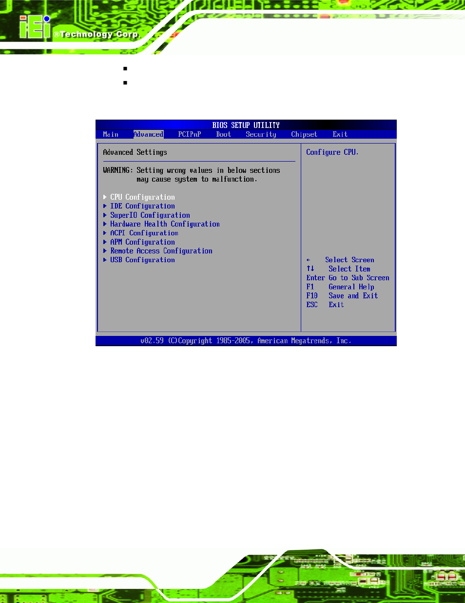 1 cpu configuration, Menu 2: advanced, Bios menu 2 | Section 6.3.1 | IEI Integration KINO-9453 v2.10 User Manual | Page 107 / 193