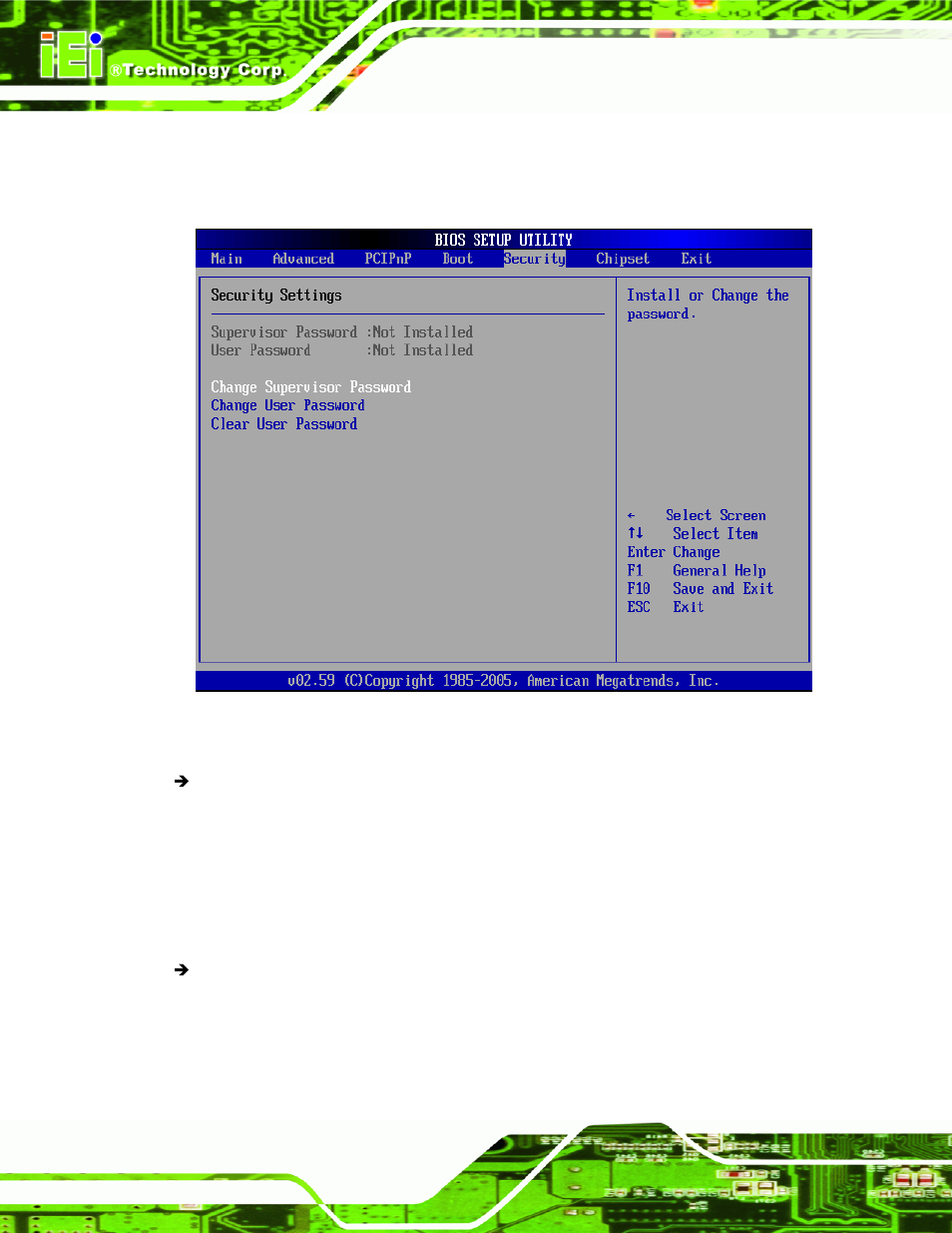 6 security, Ecurity, Menu 19: security | IEI Integration KINO-9453 v2.10 User Manual | Page 149 / 193