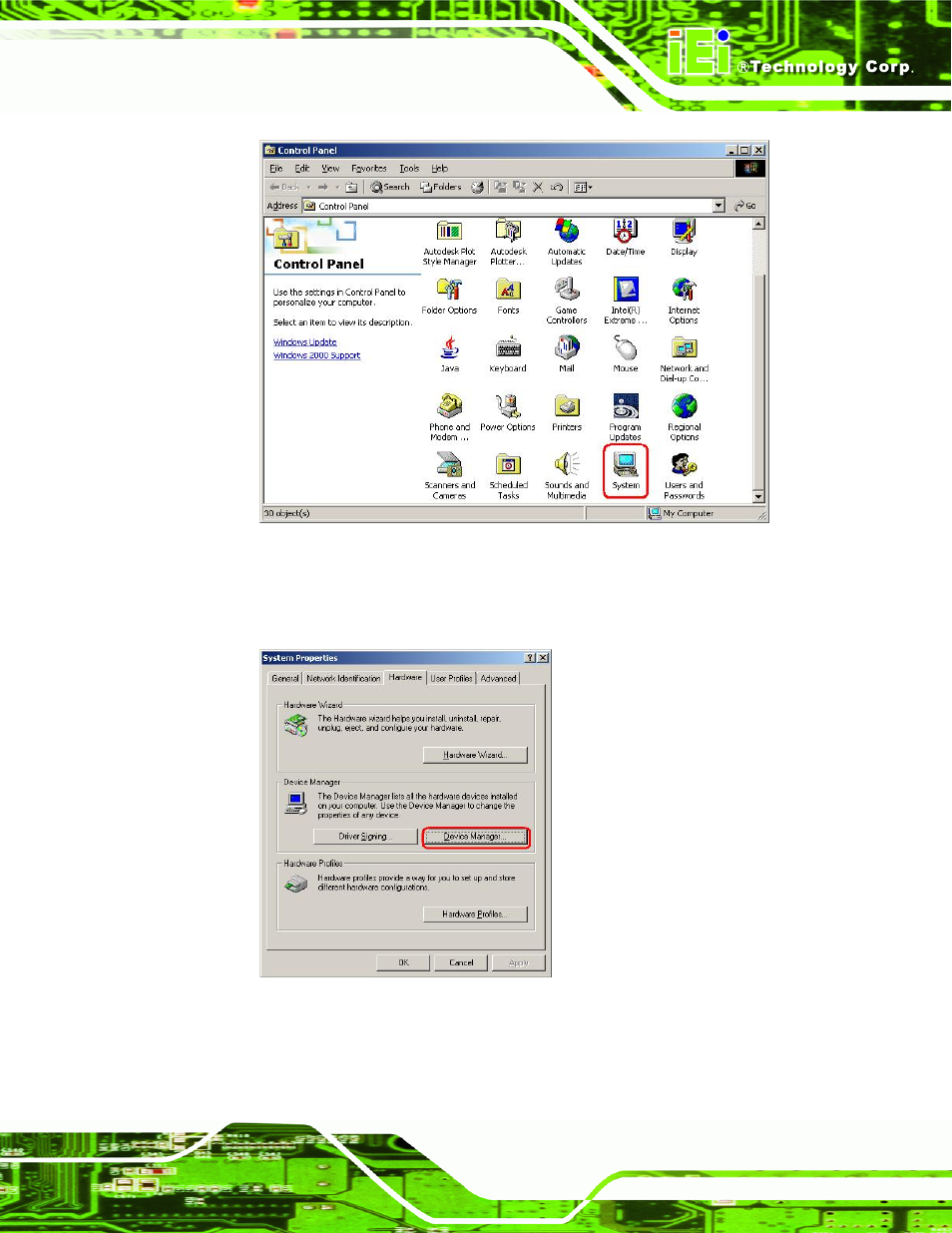 Figure 7-16: double click the system icon, Figure 7-17: double click the device manager tab | IEI Integration KINO-9453 v2.10 User Manual | Page 174 / 193