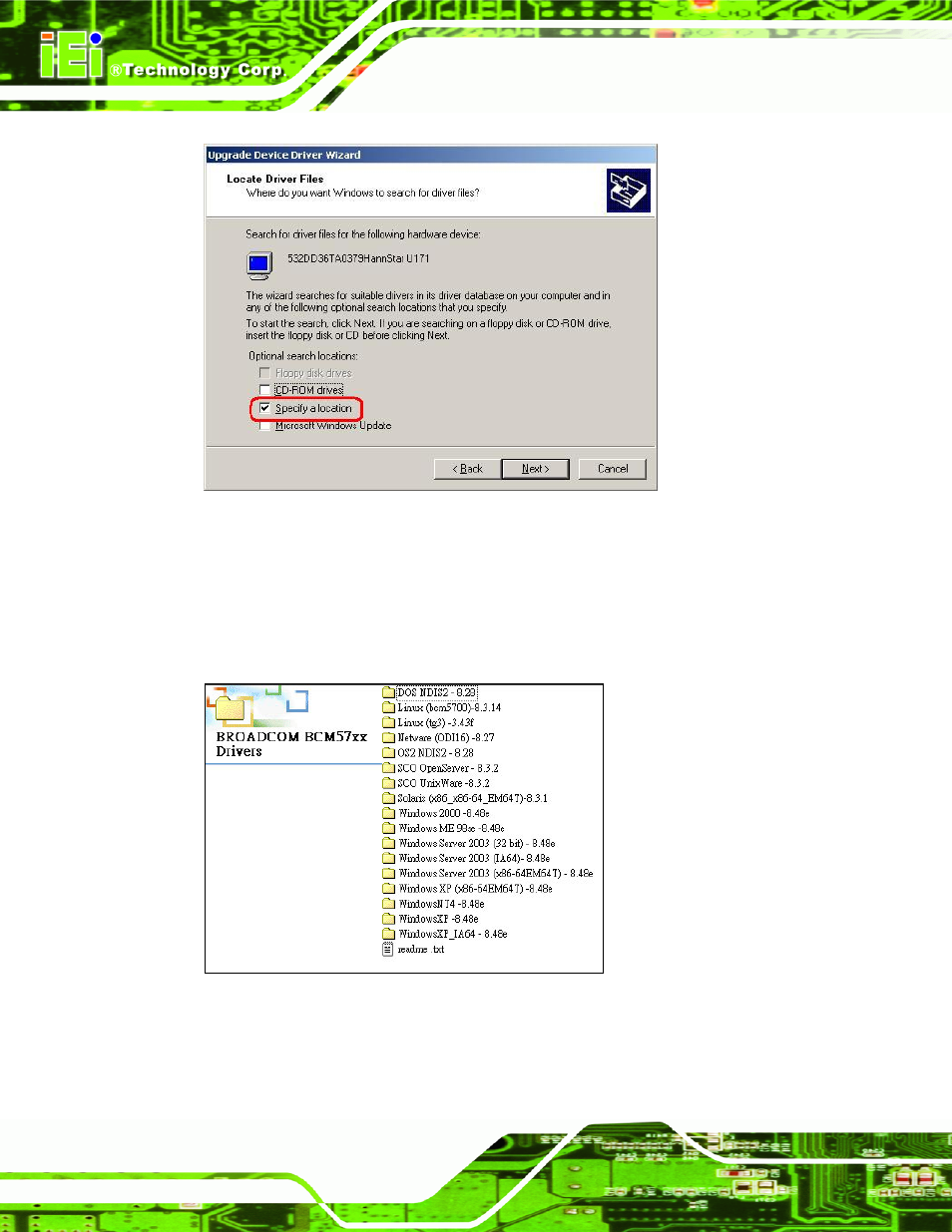 Figure 7-20: locate driver files, Figure 7-21: location browsing window | IEI Integration KINO-9453 v2.10 User Manual | Page 177 / 193