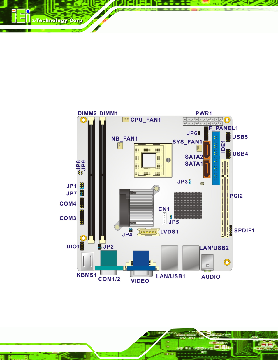 1 peripheral interface connectors, 1 kino-9453 layout, Eripheral | Nterface, Onnectors, Figure 4-1: connector and jumper locations | IEI Integration KINO-9453 v2.10 User Manual | Page 47 / 193