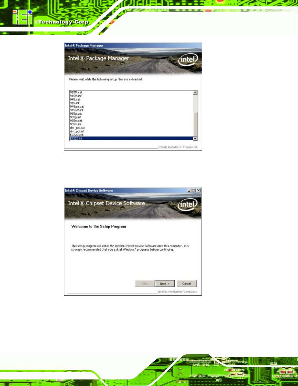 Figure 7-5: intel® package manager, Figure 7-6: intel® setup welcome screen | IEI Integration KINO-9652 v1.00 User Manual | Page 176 / 269