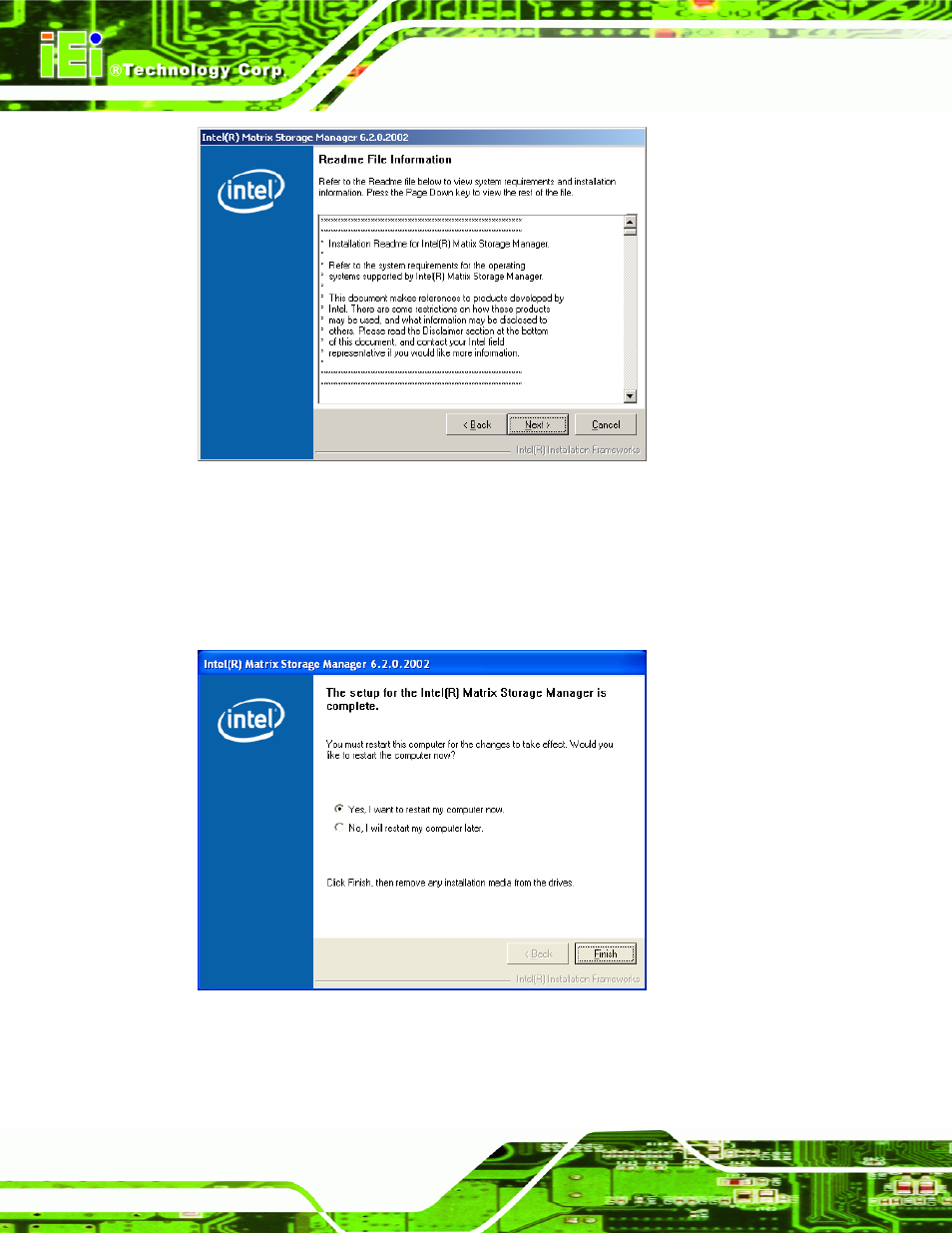 Figure 7-59: matrix storage manager readme file, Figure 7-60: matrix storage manager setup complete | IEI Integration KINO-9652 v1.00 User Manual | Page 210 / 269