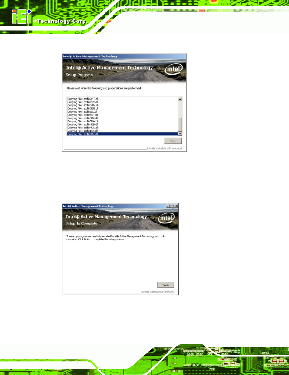 Figure 7-66: iamt setup operations, Figure 7-67: completed installation | IEI Integration KINO-9652 v1.00 User Manual | Page 214 / 269