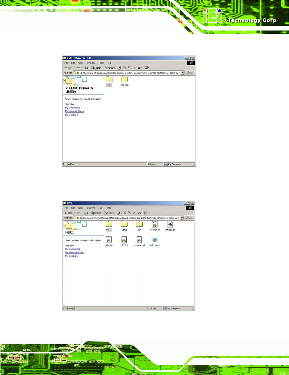 Figure 7-68: iamt driver directory, Figure 7-69: heci driver installation icon | IEI Integration KINO-9652 v1.00 User Manual | Page 215 / 269