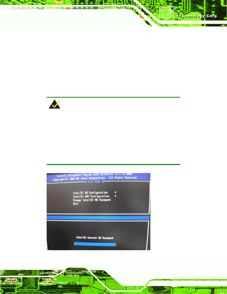 2 intel® management engine bios extension, Ntel, Anagement | Ngine, Bios e, Xtension, Figure 8-2: intel® current me password, 2 belo, 2 intel, Management engine bios extension | IEI Integration KINO-9652 v1.00 User Manual | Page 219 / 269