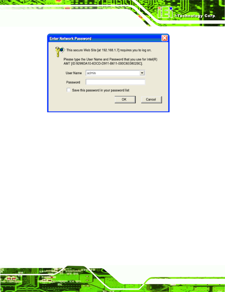 Figure 8-12: intel® amt web login dialog | IEI Integration KINO-9652 v1.00 User Manual | Page 225 / 269