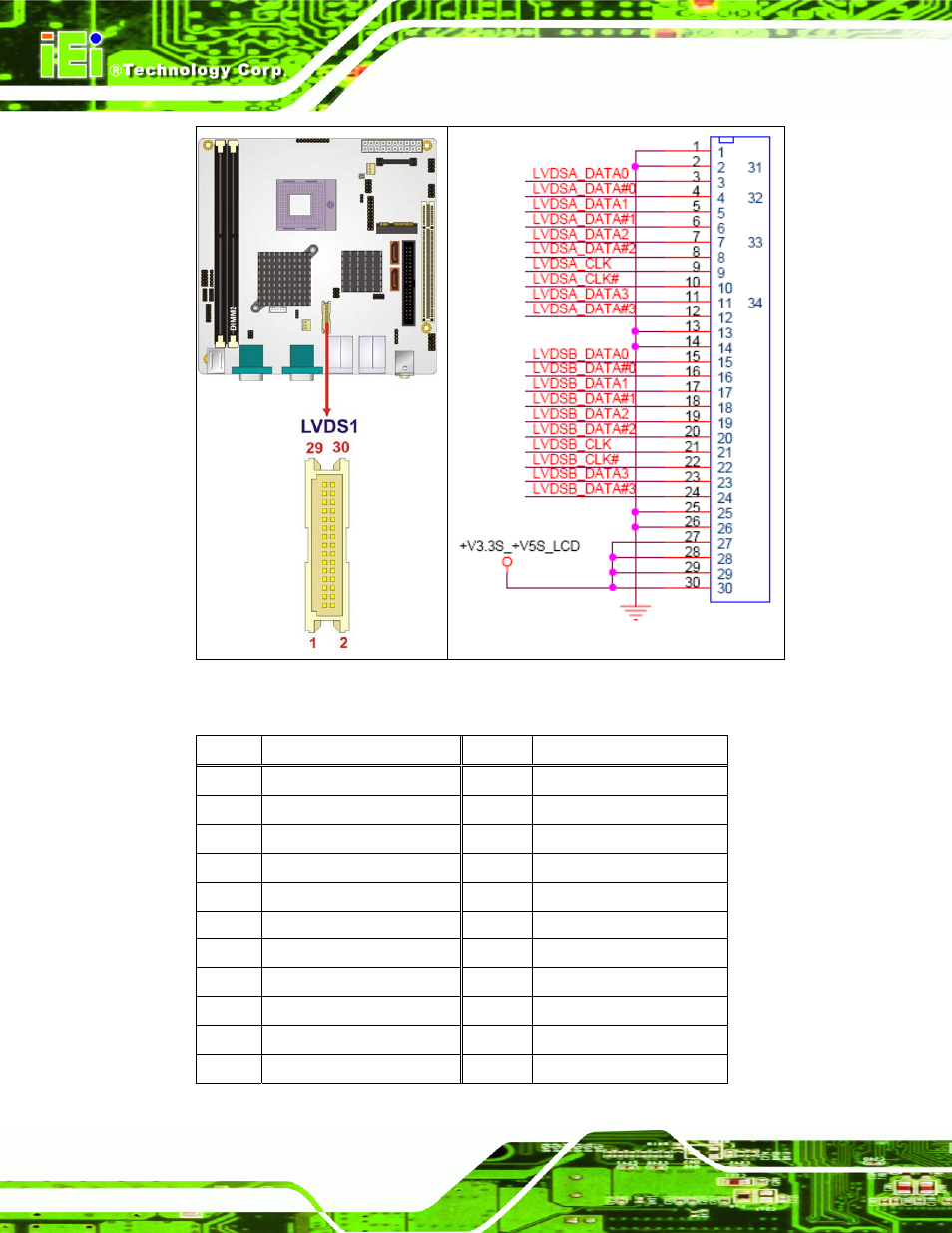 Figure 4-12: lvds lcd connector location, Pin no. description pin no. description | IEI Integration KINO-9652 v1.00 User Manual | Page 78 / 269