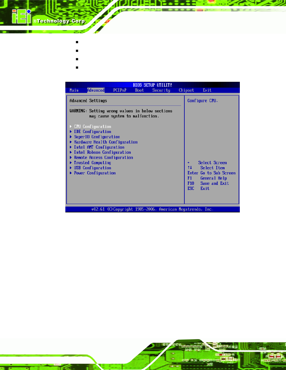 1 cpu configuration, Menu 2: advanced, Bios menu 2 | Section 6.3.1 ) | IEI Integration KINO-9652 v1.11 User Manual | Page 126 / 264
