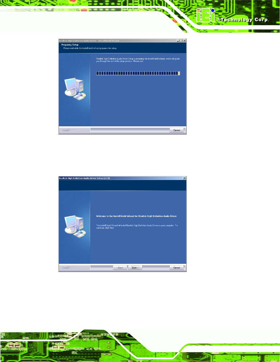 Figure 7-47: preparing setup screen, Figure 7-48: installshield wizard welcome screen | IEI Integration KINO-9652 v1.11 User Manual | Page 203 / 264