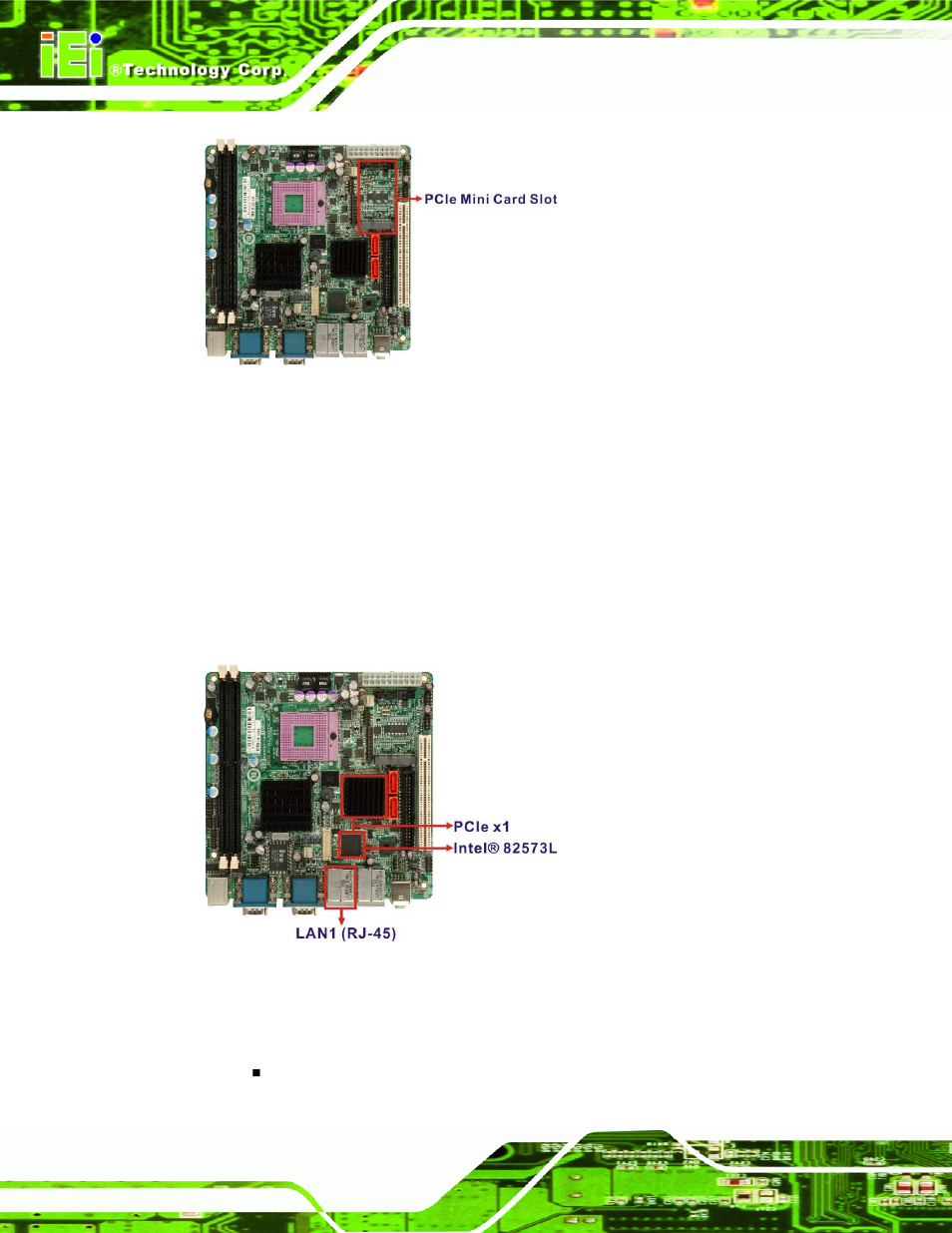 3 intel® 82573l pcie gbe controller, Figure 2-13: pcie mini card slot, Figure 2-14: intel® 82573l pcie gbe controller | IEI Integration KINO-9652 v1.11 User Manual | Page 46 / 264