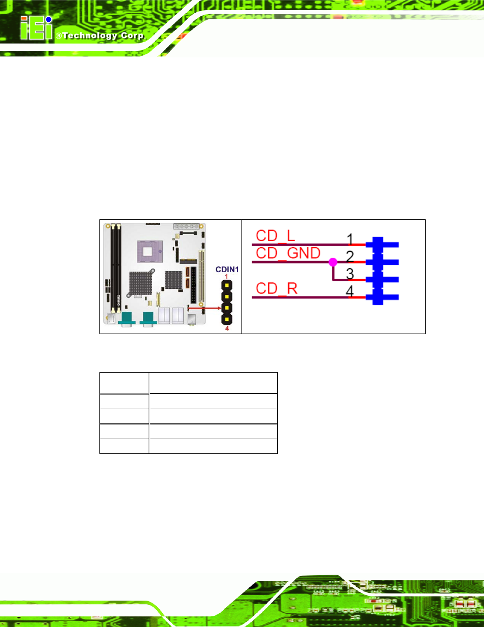 2 audio cd in connector, Figure 4-3: audio cd in connector pinouts (4-pin), Table 4-4: audio cd in connector pinouts | IEI Integration KINO-9652 v1.11 User Manual | Page 64 / 264