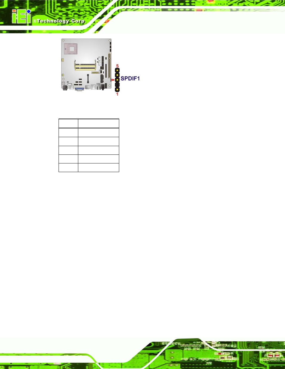17 spi flash connector, Figure 3-17: spdif connector location, Table 3-18: spdif connector pinouts | Kino-gm45a mini-itx sbc page 34 | IEI Integration KINO-GM45A User Manual | Page 46 / 129
