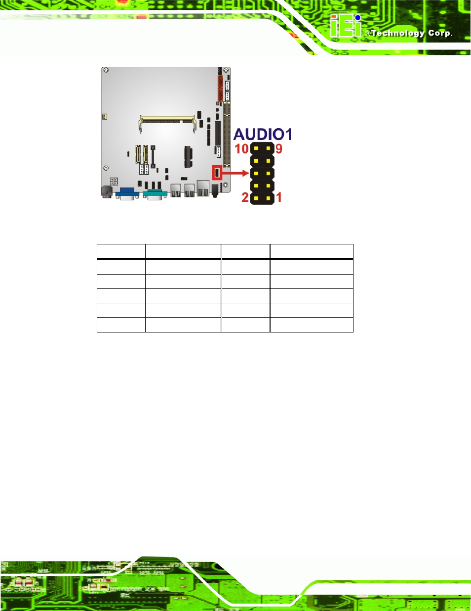 3 battery connector, Figure 3-3: audio connector location, Table 3-4: audio connector pinouts | IEI Integration KINO-945GSE2 User Manual | Page 33 / 150