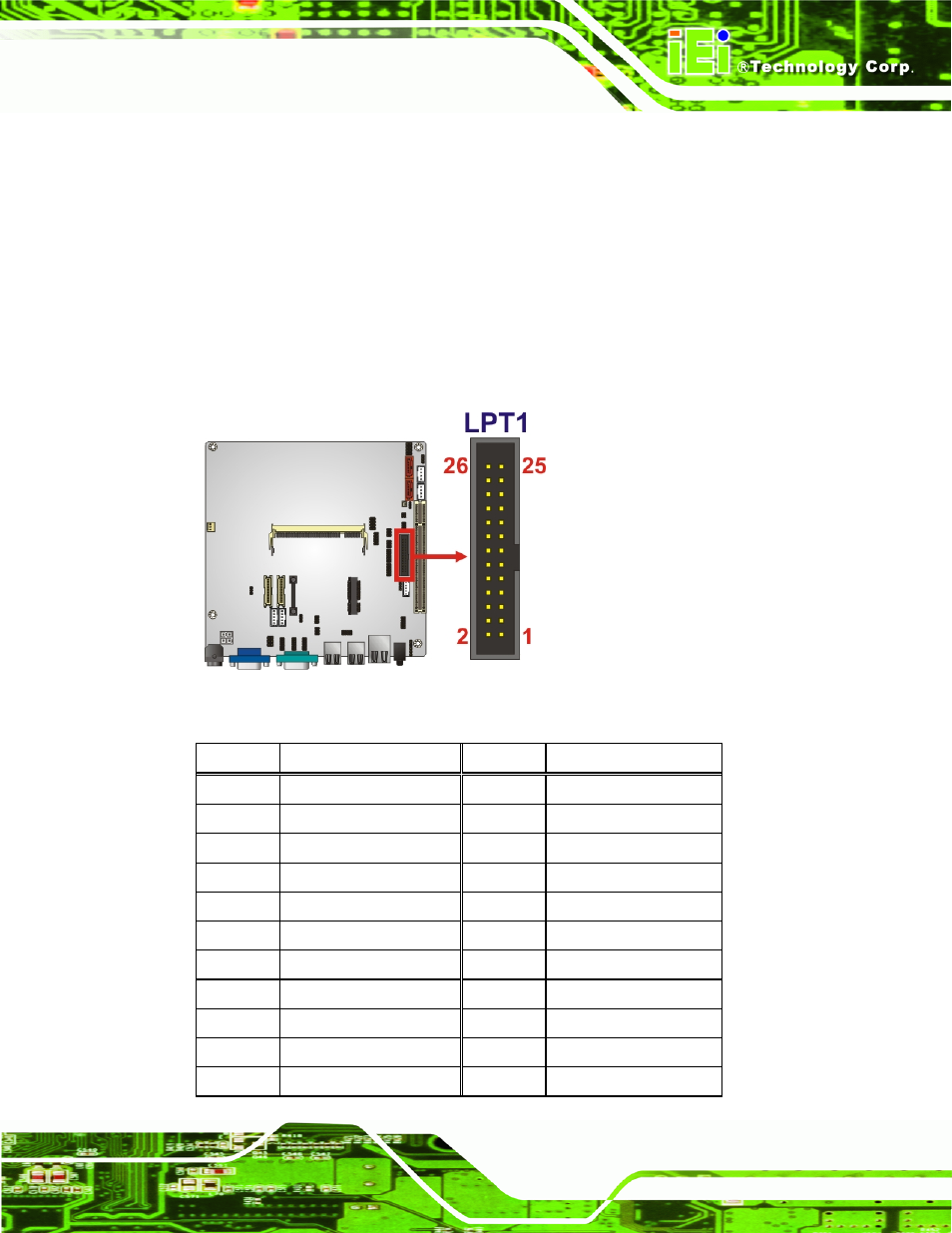 12 parallel port connector, Figure 3-13: parallel port connector location | IEI Integration KINO-945GSE2 User Manual | Page 43 / 150