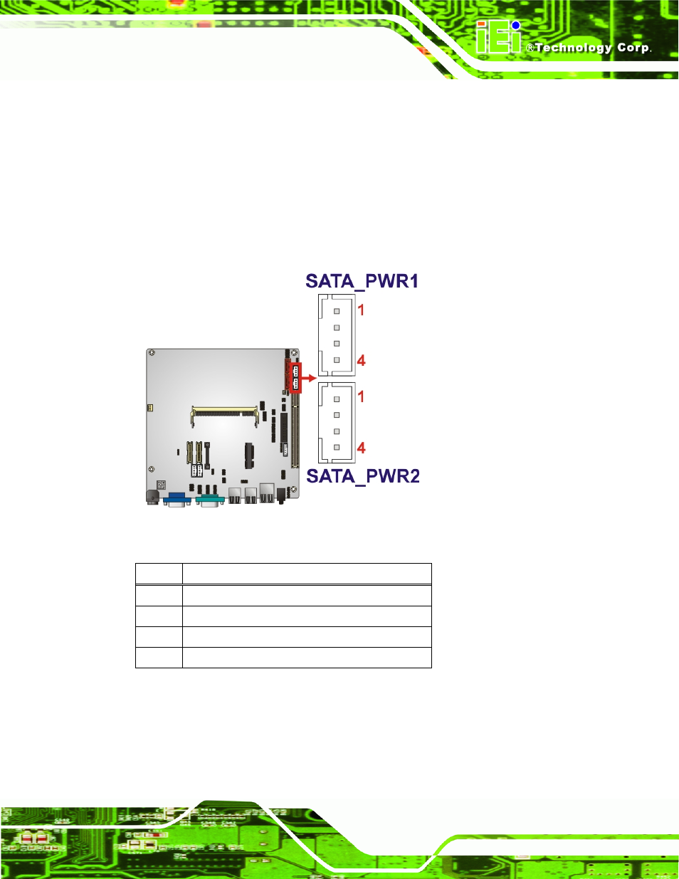 15 sata power connectors, Figure 3-16: sata power connector locations, Table 3-17: sata power connector pinouts | IEI Integration KINO-945GSE2 User Manual | Page 47 / 150