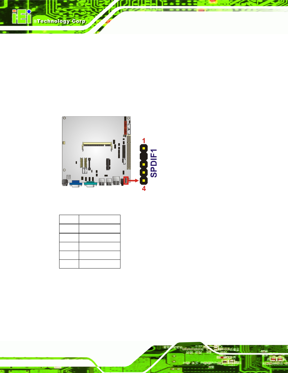 18 spdif connector, 19 spi flash connector, Figure 3-19: spdif connector location | Table 3-20: spdif connector pinouts | IEI Integration KINO-945GSE2 User Manual | Page 50 / 150