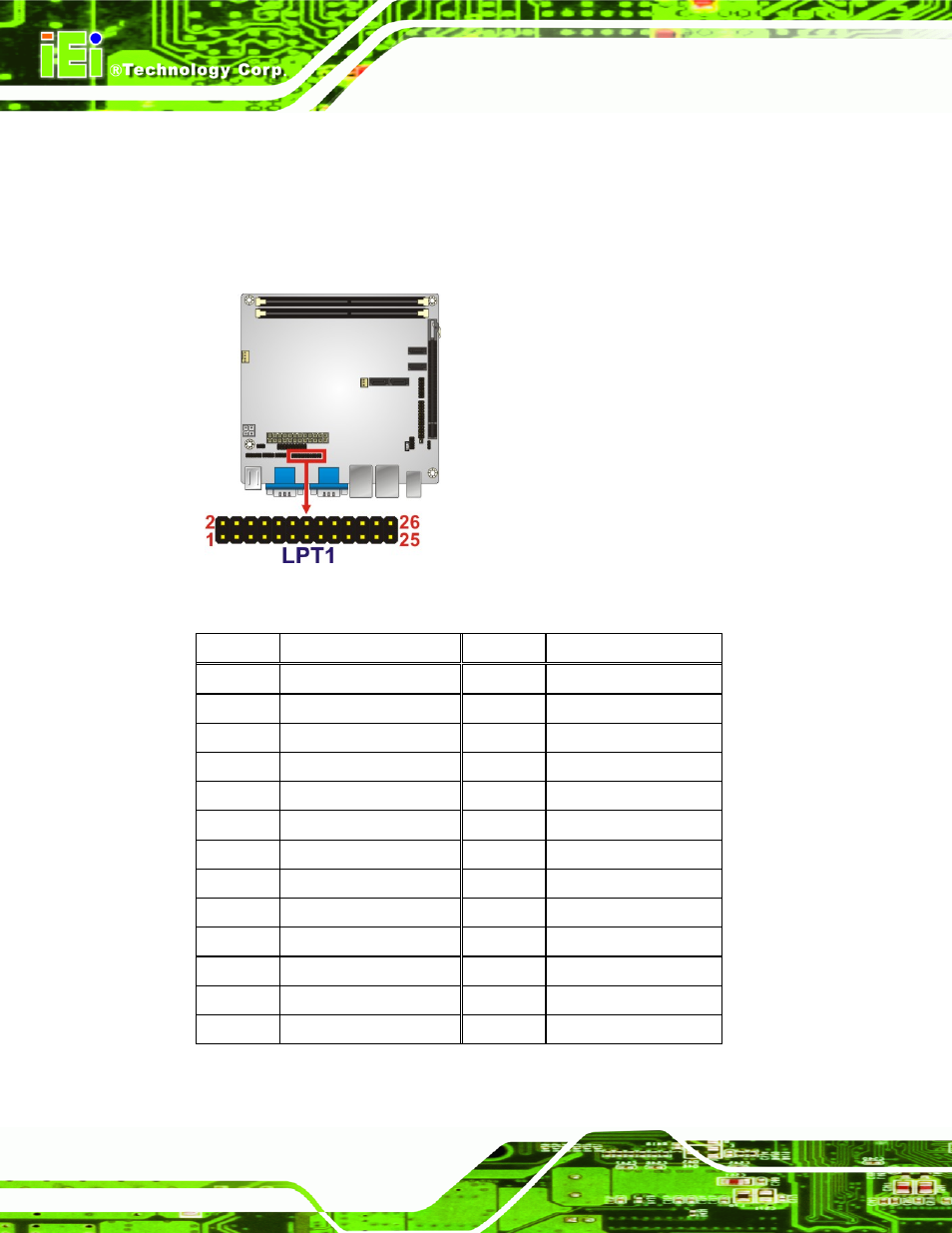 Figure 3-9: parallel port connector location, Table 3-9: parallel port connector pinouts | IEI Integration KINO-G410 v1.03 User Manual | Page 34 / 148