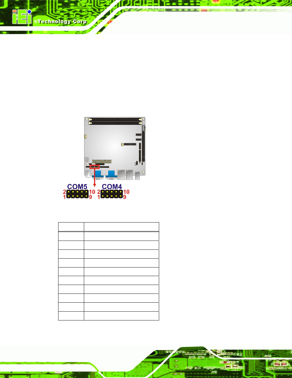 10 rs-232 serial port connector, Figure 3-11: serial port connector location, Table 3-11: serial port connector pinouts | IEI Integration KINO-G410 v1.03 User Manual | Page 36 / 148