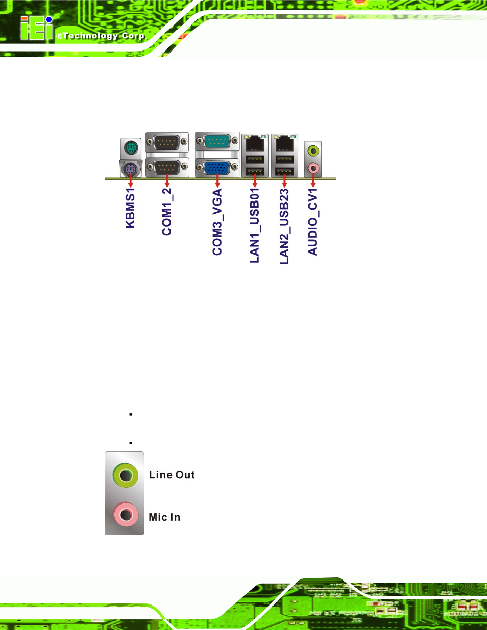 3 external peripheral interface connector panel, 1 audio connector, Xternal | Eripheral, Nterface, Onnector, Anel, Figure 3-19: audio connector | IEI Integration KINO-G410 v1.03 User Manual | Page 42 / 148