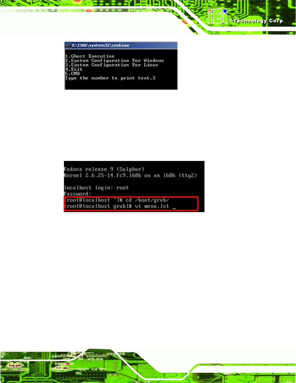 Figure c-23: system configuration for linux, Figure c-24: access menu.lst in linux (text mode) | IEI Integration KINO-G410 v2.00 User Manual | Page 133 / 151