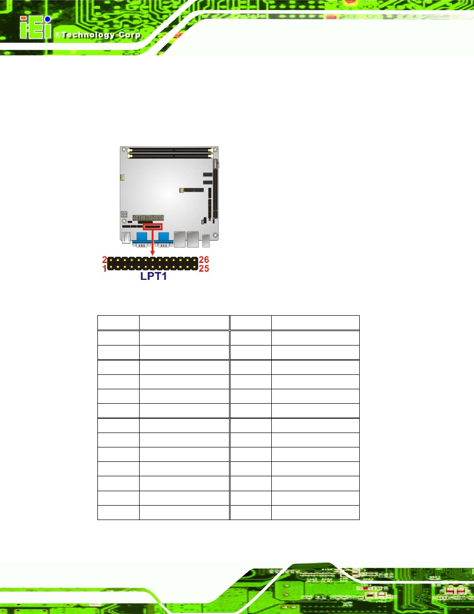 Figure 3-9: parallel port connector location, Table 3-9: parallel port connector pinouts | IEI Integration KINO-G410 v2.00 User Manual | Page 34 / 151