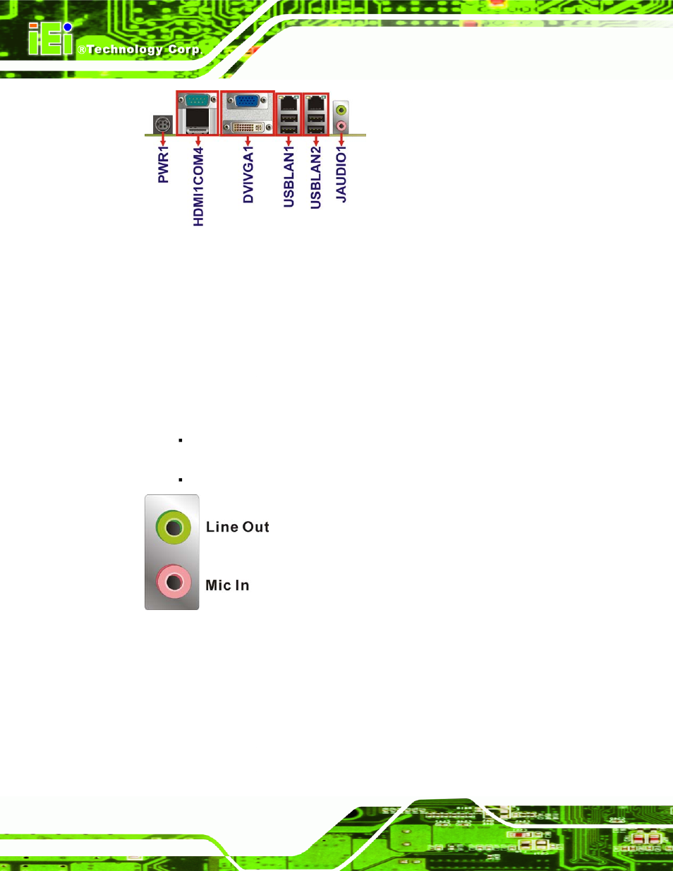 1 audio connector, 2 ethernet and usb connector, Figure 3-22: audio connector | IEI Integration KINO-PVN-D4251_D5251 User Manual | Page 46 / 146