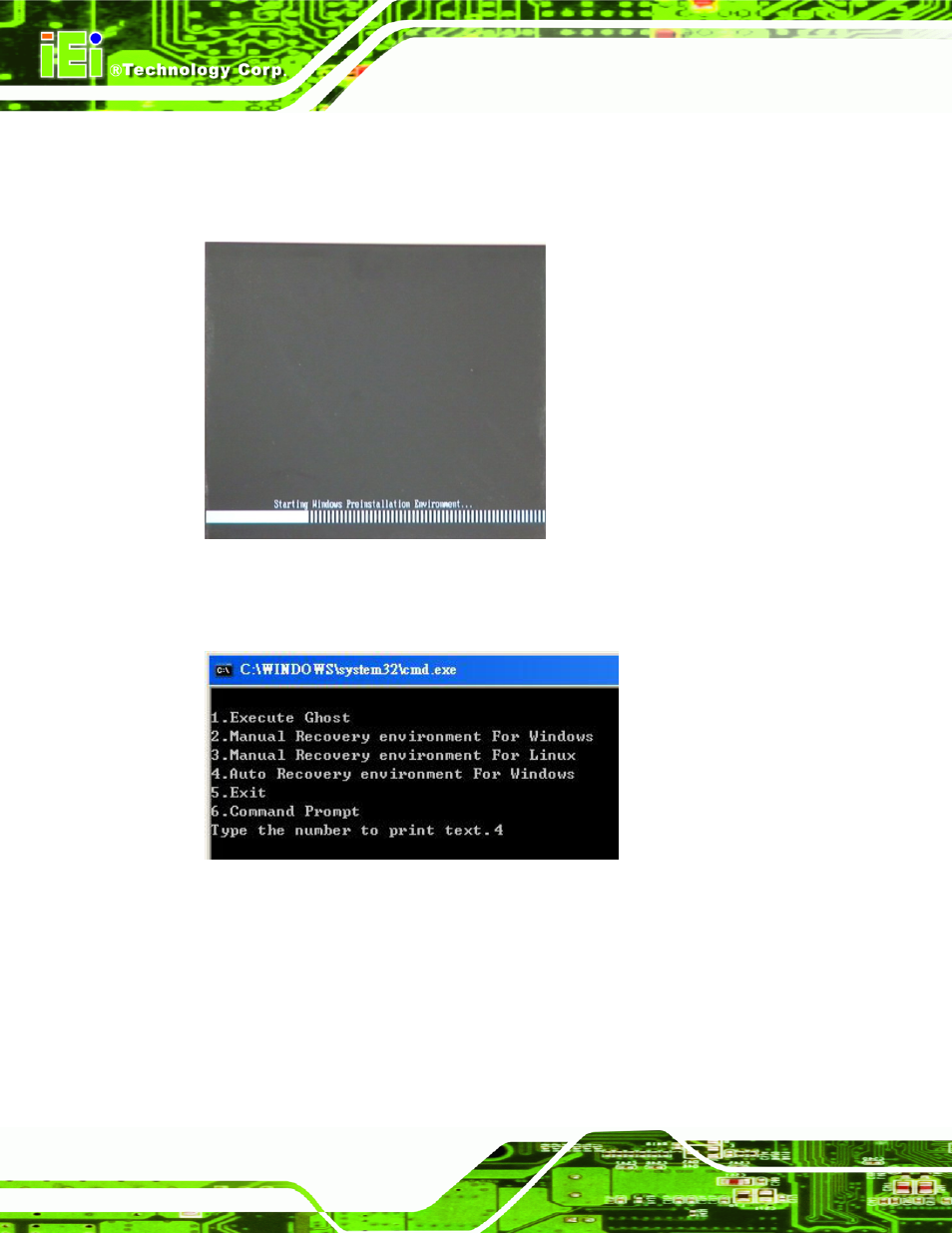 Figure c-24: launching the recovery tool, Figure c-25: auto recovery environment for windows | IEI Integration KINO-QM670 v1.04 User Manual | Page 151 / 185