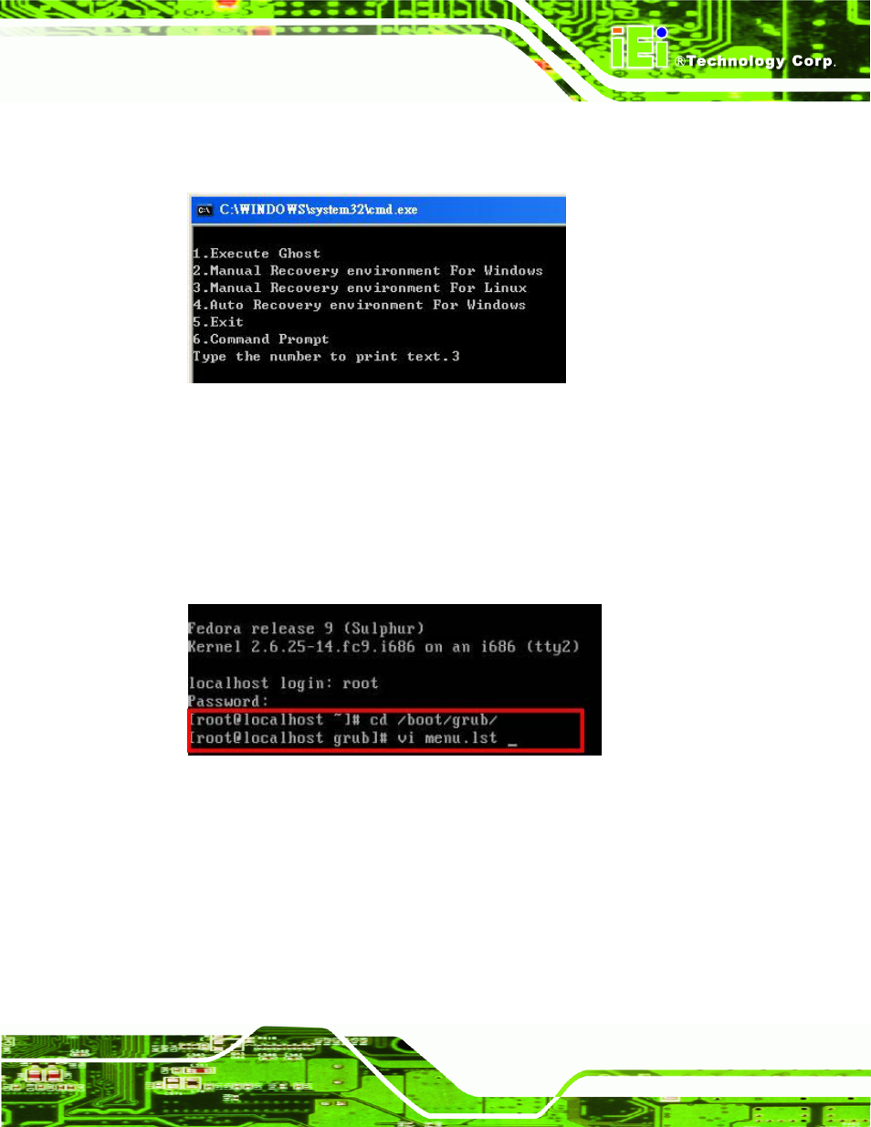 Figure c-31: system configuration for linux, Figure c-32: access menu.lst in linux (text mode) | IEI Integration KINO-QM670 v1.04 User Manual | Page 156 / 185