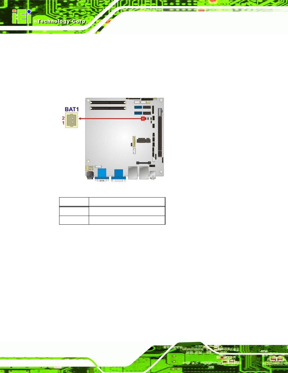 3 backlight inverter connector, Figure 3-3: battery connector location, Table 3-4: battery connector pinouts | IEI Integration KINO-QM670 v1.04 User Manual | Page 33 / 185