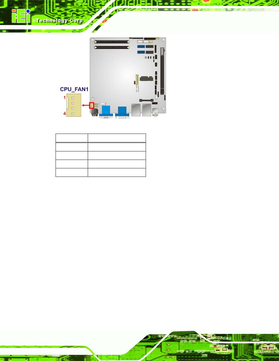 7 fan connector (system), Figure 3-7: cpu fan connector location, Table 3-8: cpu fan connector pinouts | IEI Integration KINO-QM670 v1.04 User Manual | Page 37 / 185