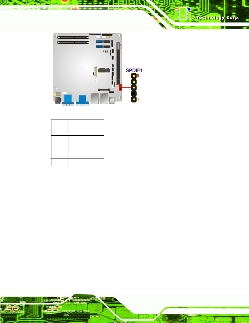 20 spi flash connector, Figure 3-20: spdif connector location, Table 3-21: spdif connector pinouts | IEI Integration KINO-QM670 v1.04 User Manual | Page 50 / 185