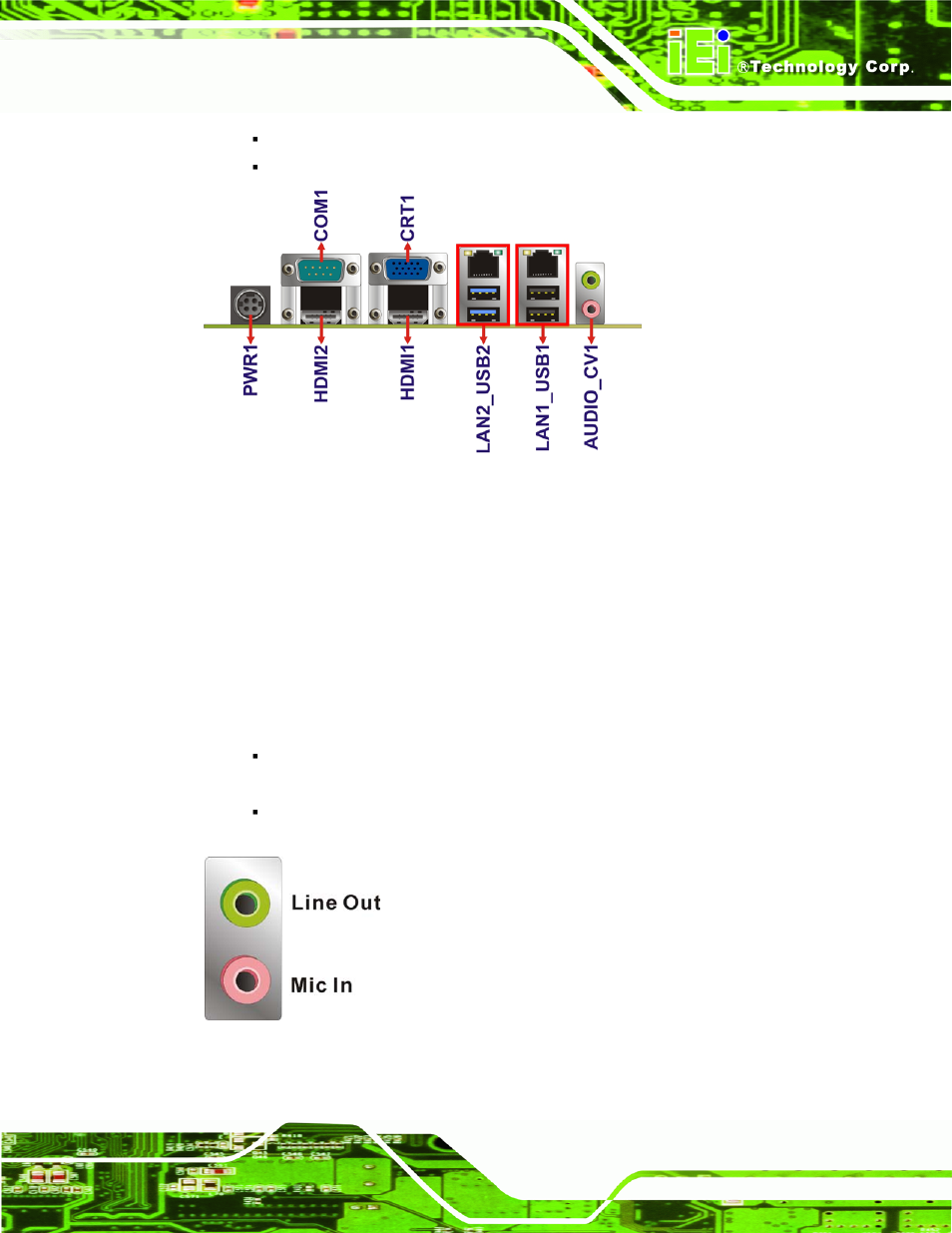 1 audio connector, Figure 3-25: audio jacks | IEI Integration KINO-QM670 v1.04 User Manual | Page 54 / 185