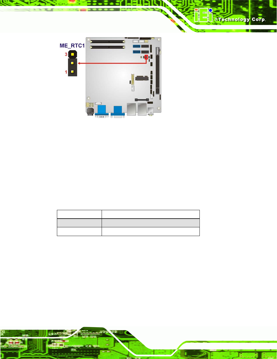 6 flash security override jumper, Figure 4-10: me rtc register jumper location, Table 4-7: flash security override jumper settings | IEI Integration KINO-QM670 v1.04 User Manual | Page 76 / 185