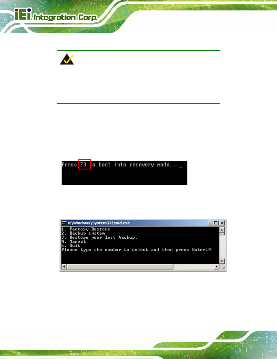 C.2.5 create factory default image, Figure c-10: press f3 to boot into recovery mode, Figure c-11: recovery tool menu | IEI Integration KINO-QM670 v2.01 User Manual | Page 145 / 186