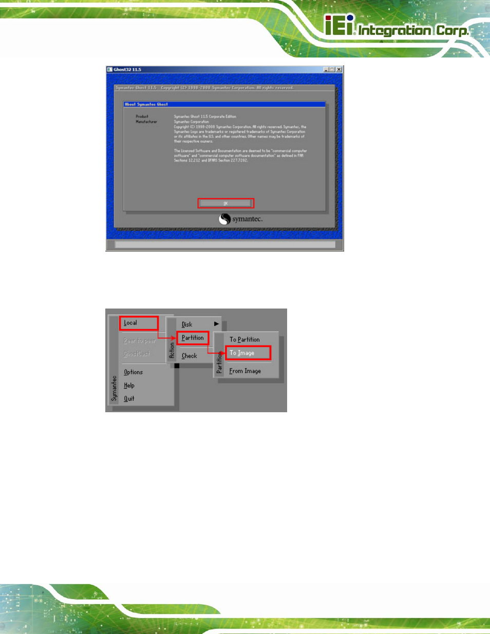 Figure c-12: about symantec ghost window, Figure c-13: symantec ghost path | IEI Integration KINO-QM670 v2.01 User Manual | Page 146 / 186
