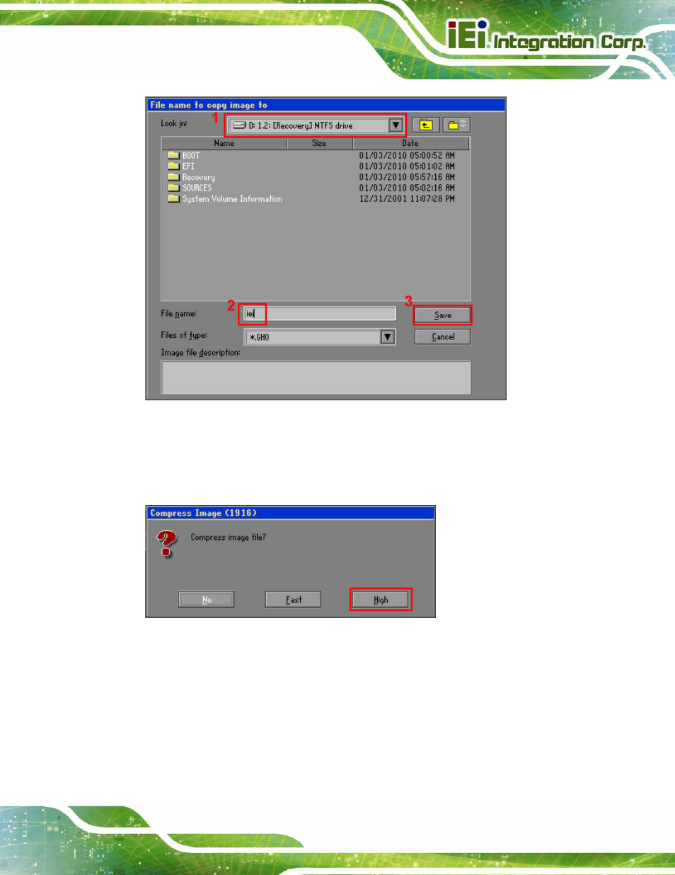 Figure c-16: file name to copy image to, Figure c-17: compress image | IEI Integration KINO-QM670 v2.01 User Manual | Page 148 / 186