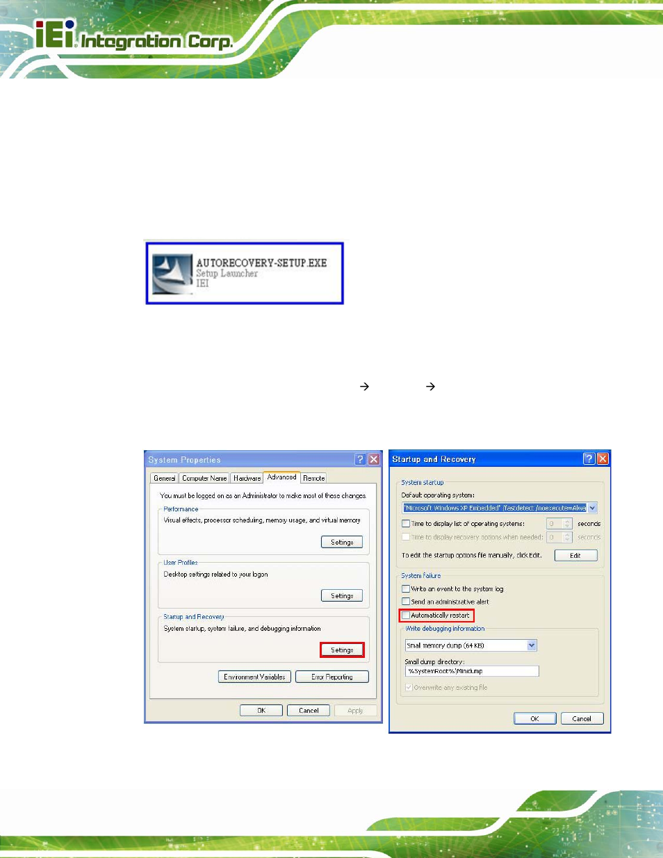 Figure c-22: auto recovery utility, Figure c-23: disable automatically restart | IEI Integration KINO-QM670 v2.01 User Manual | Page 151 / 186