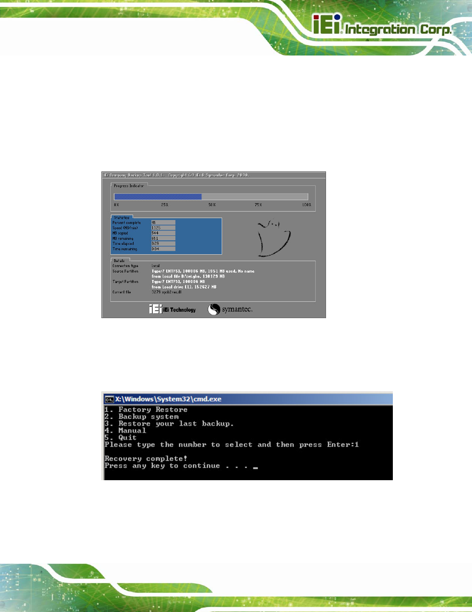 C.5.1 factory restore, Figure c-35: restore factory default, Figure c-36: recovery complete window | IEI Integration KINO-QM670 v2.01 User Manual | Page 160 / 186