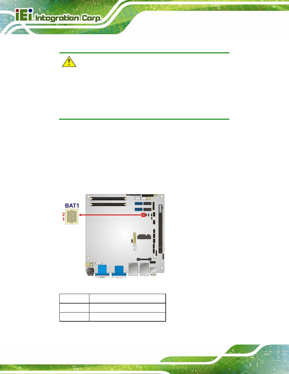 2 battery connector, Figure 3-3: battery connector location, Table 3-4: battery connector pinouts | IEI Integration KINO-QM670 v2.01 User Manual | Page 33 / 186