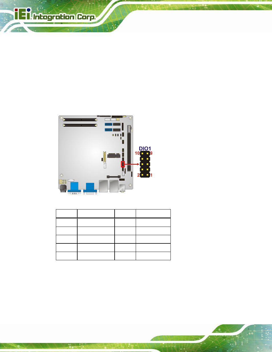 4 digital i/o connector, Figure 3-5: digital i/o connector location, Table 3-6: digital i/o connector pinouts | IEI Integration KINO-QM670 v2.01 User Manual | Page 35 / 186