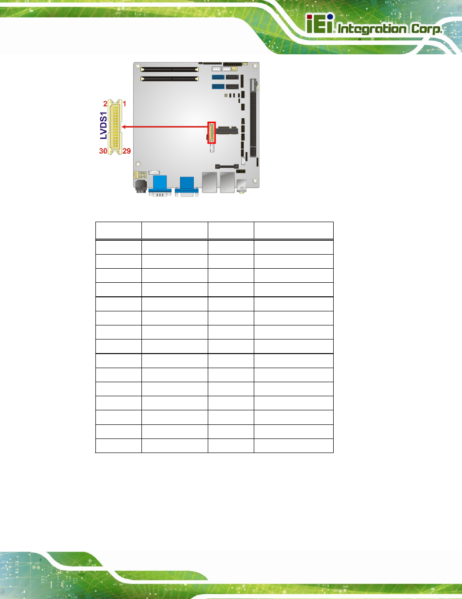 Figure 3-12: lvds lcd connector pinout location, Table 3-13: lvds lcd port connector pinouts | IEI Integration KINO-QM670 v2.01 User Manual | Page 42 / 186