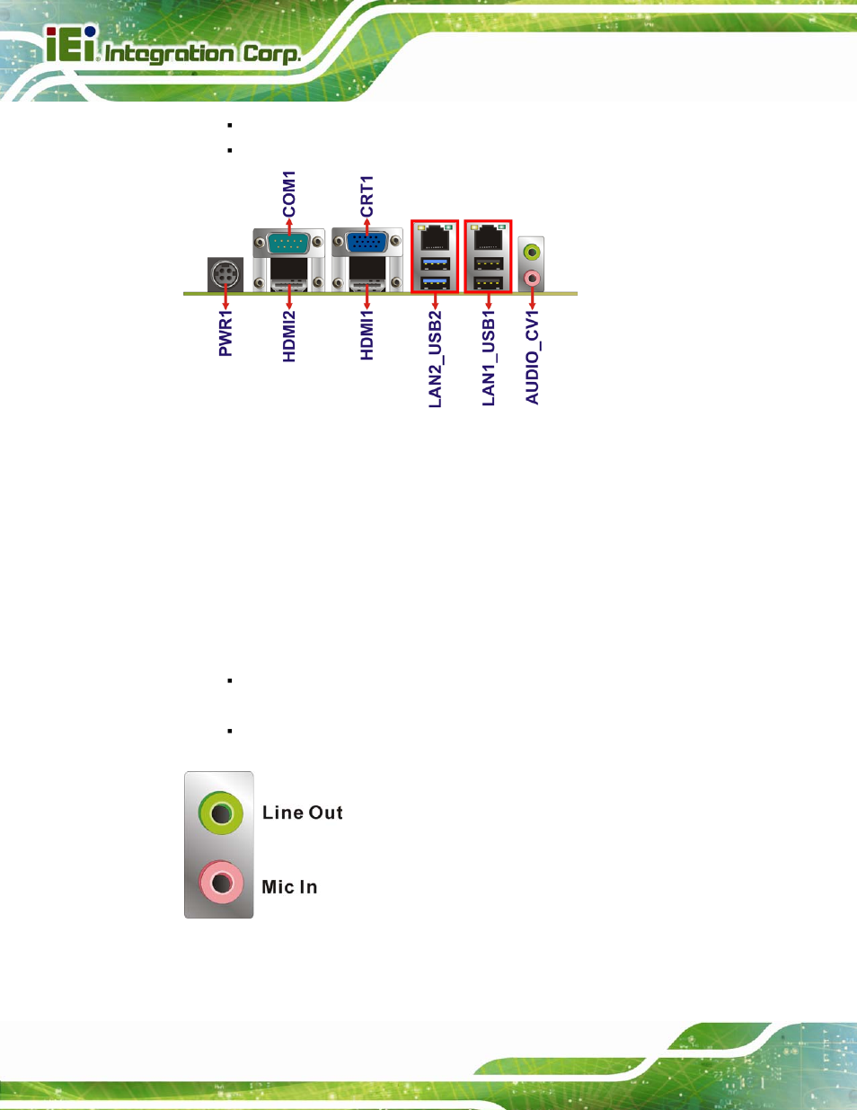 1 audio connector, Figure 3-25: audio jacks | IEI Integration KINO-QM670 v2.01 User Manual | Page 55 / 186
