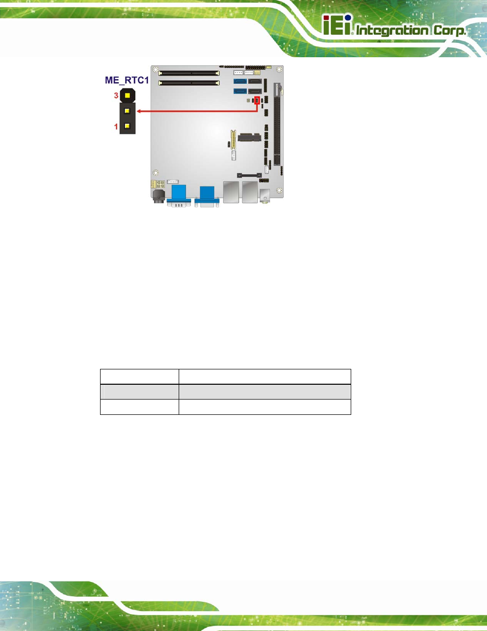 6 flash security override jumper, Figure 4-10: me rtc register jumper location, Table 4-7: flash security override jumper settings | IEI Integration KINO-QM670 v2.01 User Manual | Page 76 / 186