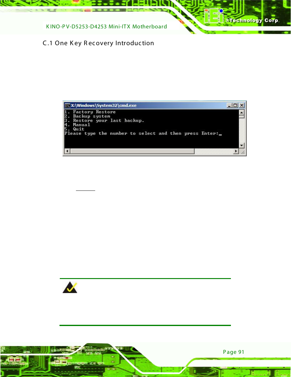 C.1 one key recovery introduction, Figure c-1: iei one key recovery tool menu, C .1 one k ey r ecovery introduction | IEI Integration KINO-PV-D4253_D5253 User Manual | Page 103 / 139