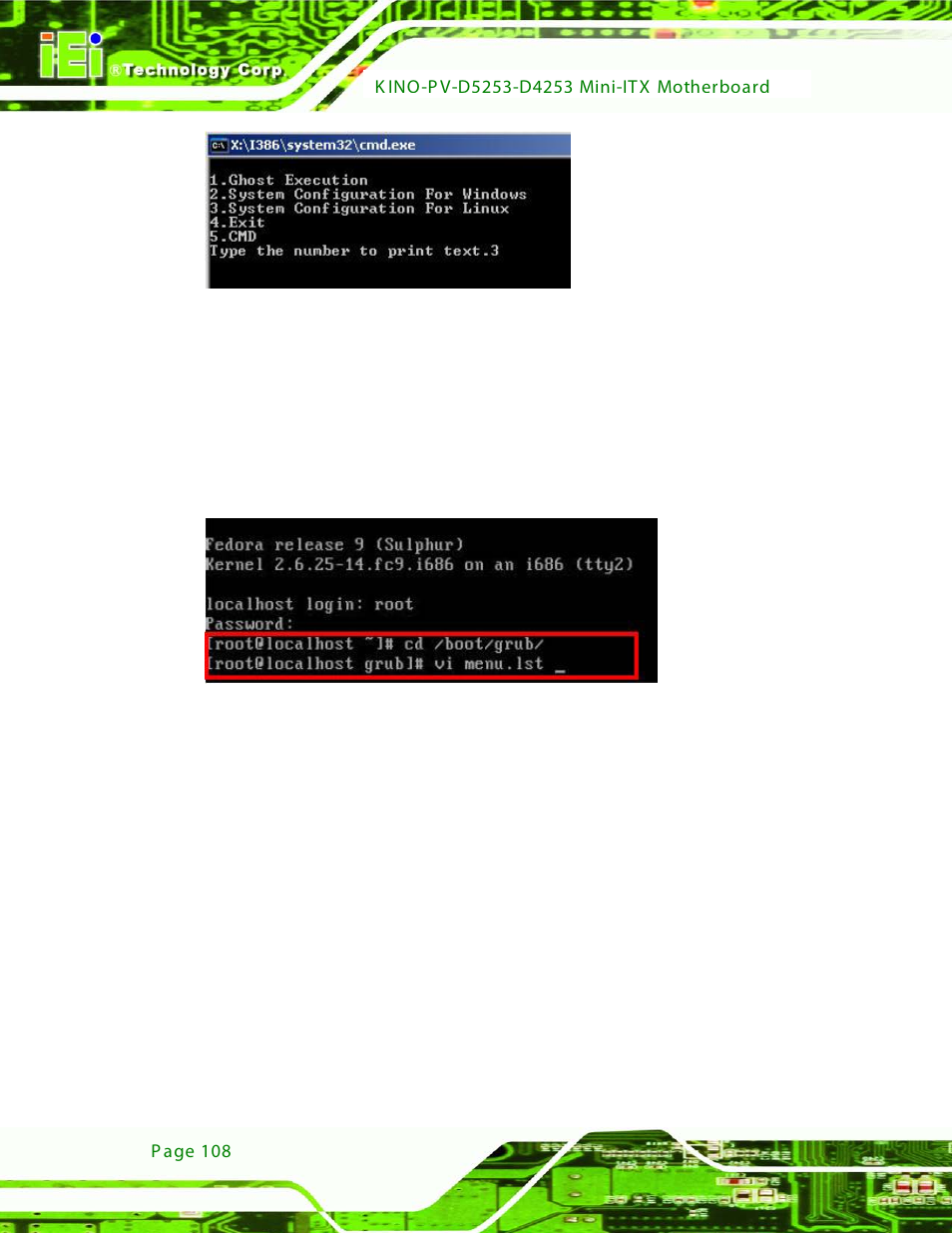 Figure c-23: system configuration for linux, Figure c-24: access menu.lst in linux (text mode) | IEI Integration KINO-PV-D4253_D5253 User Manual | Page 120 / 139