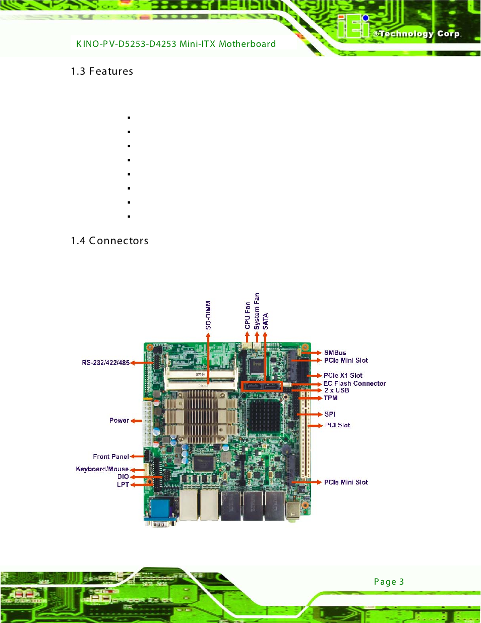 3 features, 4 connectors, Eatures | Onnectors, Figure 1-2: connectors, 4 c onnectors | IEI Integration KINO-PV-D4253_D5253 User Manual | Page 15 / 139
